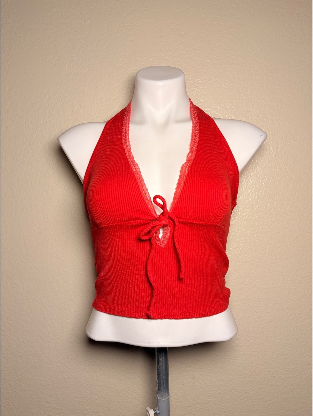 Y2K Windsor Red Ribbed Knit Halter Top with Lace Trim Front Tie #13